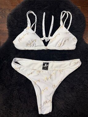Y2K 00’s PLAYBOY White Bikini Set with Gold Script